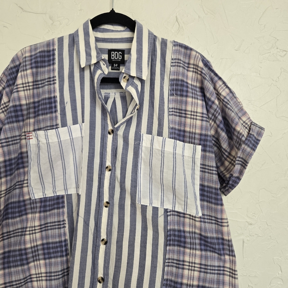 Bdg Patchwork Striped Oversized Button Up Blue Wh… - image 4
